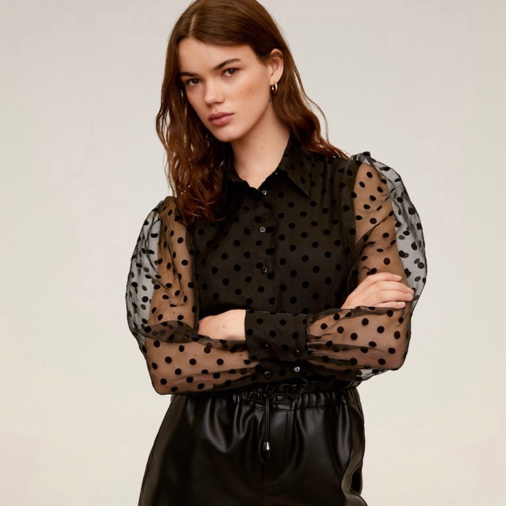NWT sheer back black polka dot blouse